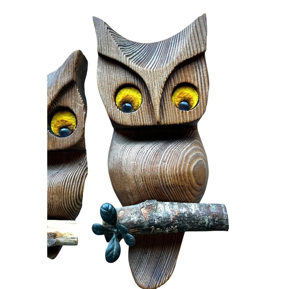Pair of Vintage Wood Owls Perched on Branches Sand Blasted Finisg Wall Hangers - Picture 6 of 9
